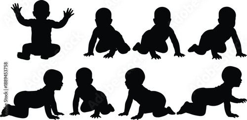 Baby crawling silhouettes set infant movement stages child development poses toddler activity growth milestone isolated vector illustration