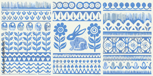 Vibrant blue and white patterned Easter bunny design elements