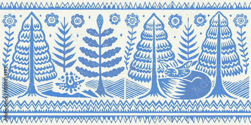 Serene forest scene with sleeping cat and blue foliage