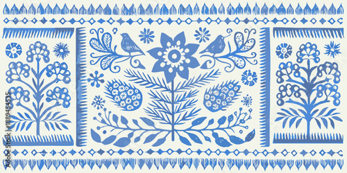 Vibrant blue floral pattern with birds and flowers on white background