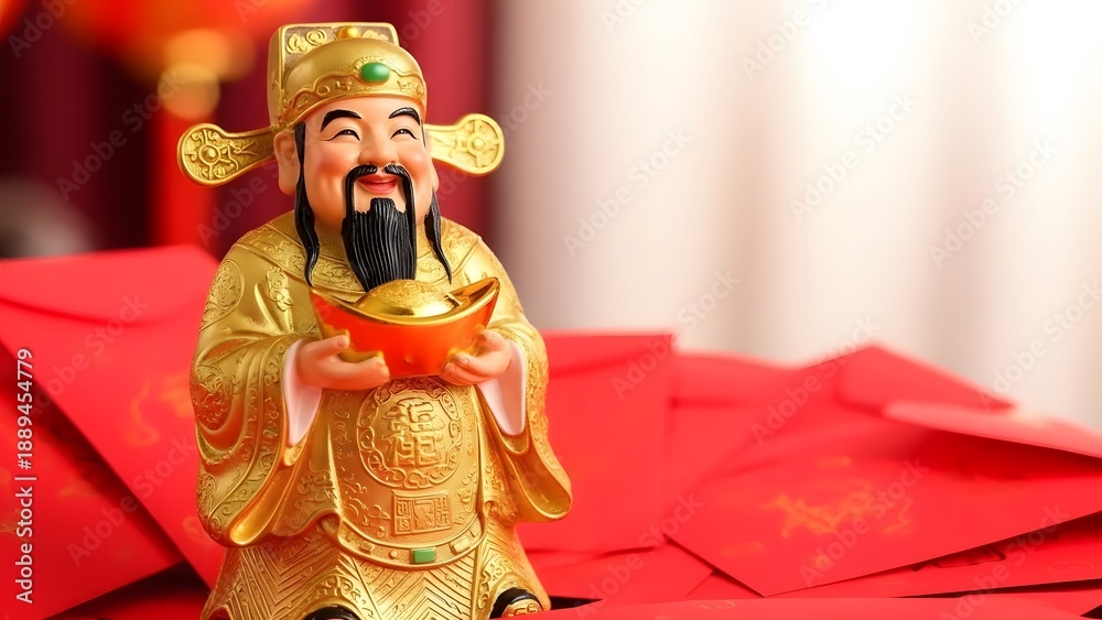 Naklejka premium Chinese God of Wealth with gold ingot and red envelopes, symbolizing good fortune and prosperity for Lunar New Year.