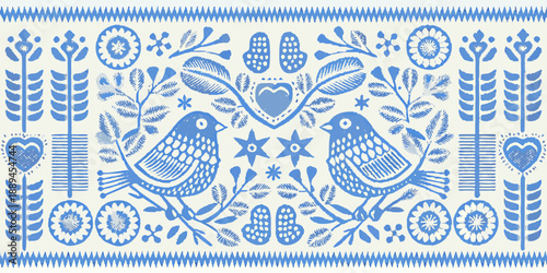 Charming blue and white folk art birds design with flowers and leaves