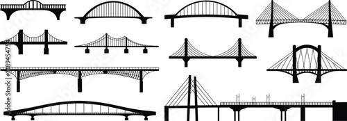 Bridge silhouette vector set featuring arch suspension cable stayed and modern bridge designs for architecture engineering infrastructure illustration