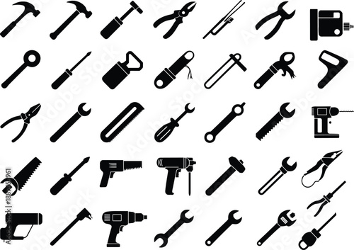 Black hand and power tool icons set hammer wrench drill pliers screwdriver repair maintenance construction silhouette vector collectionBlack hand and power tool icons set hammer