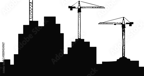 City skyline silhouette with multiple tower cranes, urban construction development buildings, modern architecture industrial cityscape isolated on white background