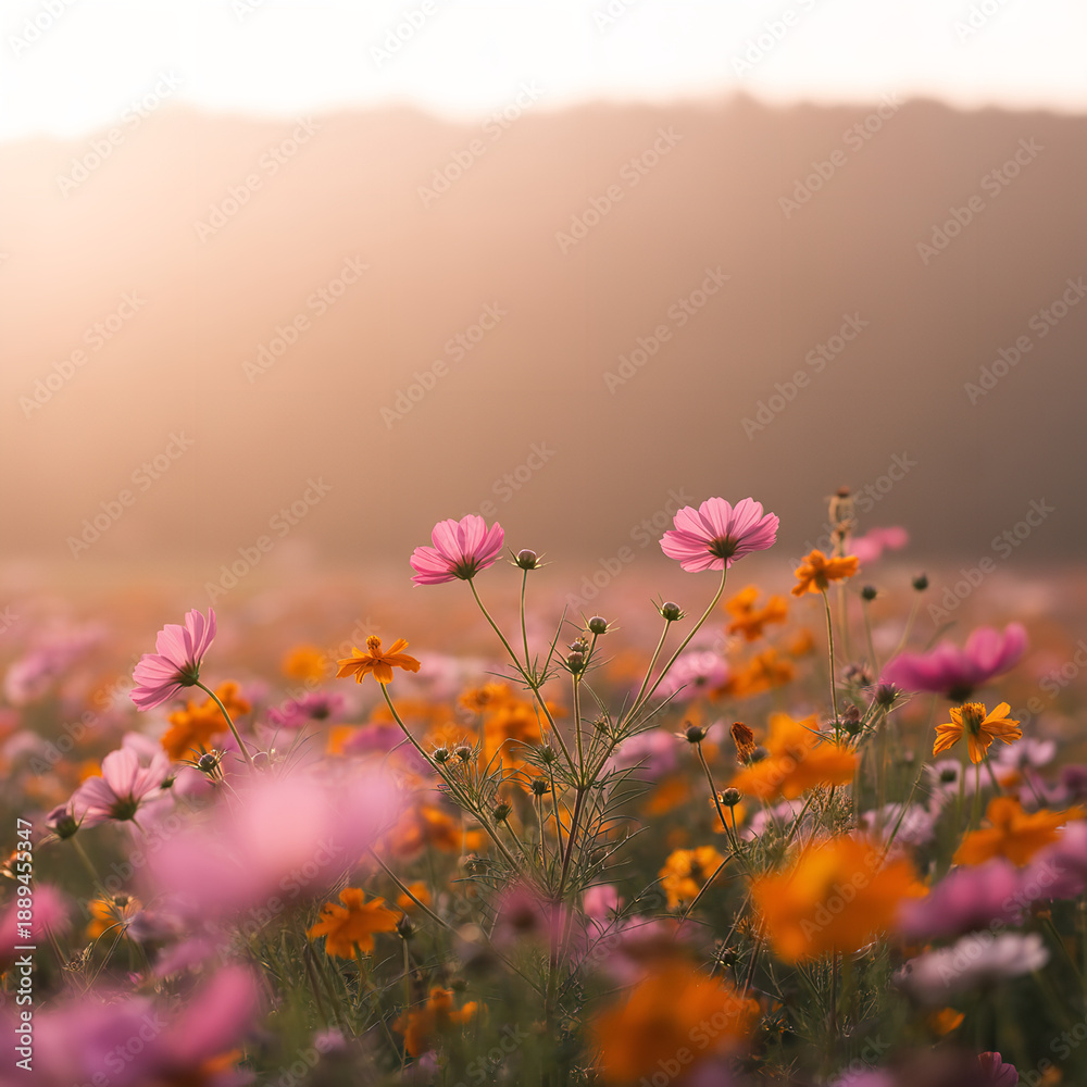 Obraz premium Wildflower field with pink orange purple blooms during golden hour with forest silhouette and warm sunset light