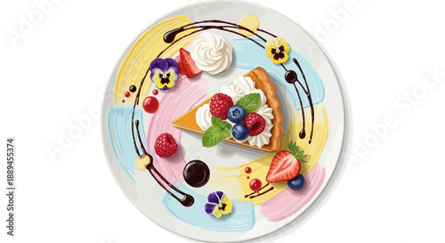 Delicious Slice of Cheesecake with Fresh Berries and Chocolate Drizzle on an Isolated White Background