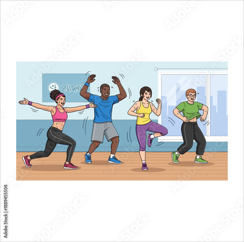 Four diverse individuals participating in an energetic indoor fitness or dance class, exercising together in a studio setting.