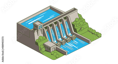 Isometric Hydroelectric Power Plant Dam Generating Clean Energy