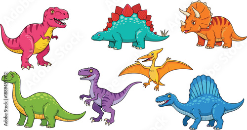 Colorful Cartoon Dinosaur Collection Set Featuring Tyrannosaurus Rex Triceratops Stegosaurus Brachiosaurus Spinosaurus Pterodactyl and Raptor Illustrations for Kids Education Educational Stickers 