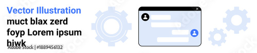 Communication platforms, technology tools, digital interaction, software development, teamwork, automation. Text chat interface with gear symbols. Communication platforms and technology tools concept
