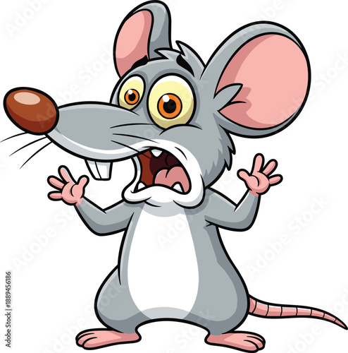 Funny Scared Grey Mouse Cartoon Character with Surprised Face Expression Wide Eyes and Open Mouth Isolated Vector Illustration for Animal Mascot or Pest Control Logo