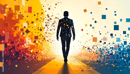 A silhouette of a man walking toward a vibrant background, symbolizing growth, innovation, and modern business concepts.