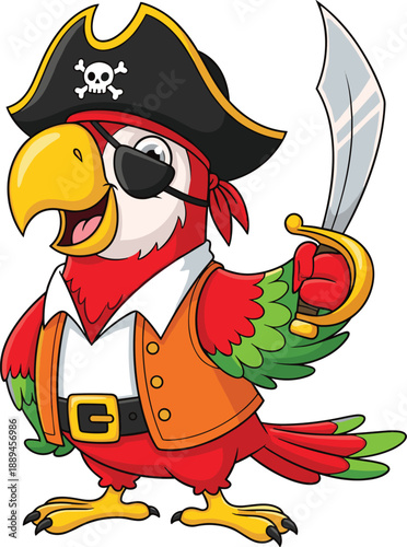 Vector illustration of cute cartoon pirate parrot mascot character holding sword and wearing hat with eye patch for kids party design on white background