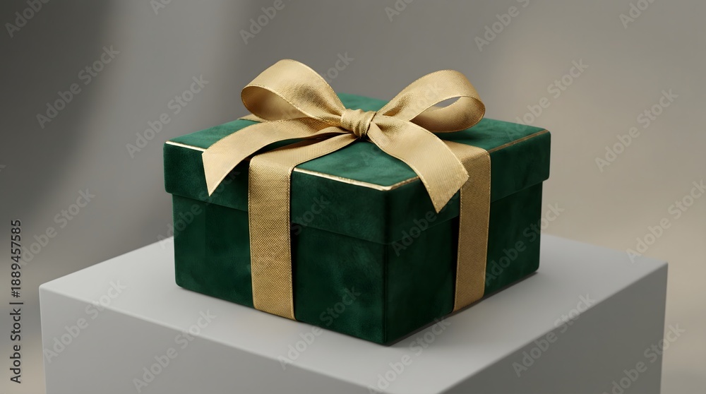 Obraz premium A luxurious square gift box covered in deep emerald green velvet with gold trim