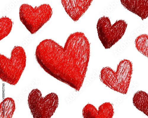 Seamless pattern of red heart shapes sketched with crayon or colored pencil on a clean white background ideal for Valentine's Day projects.