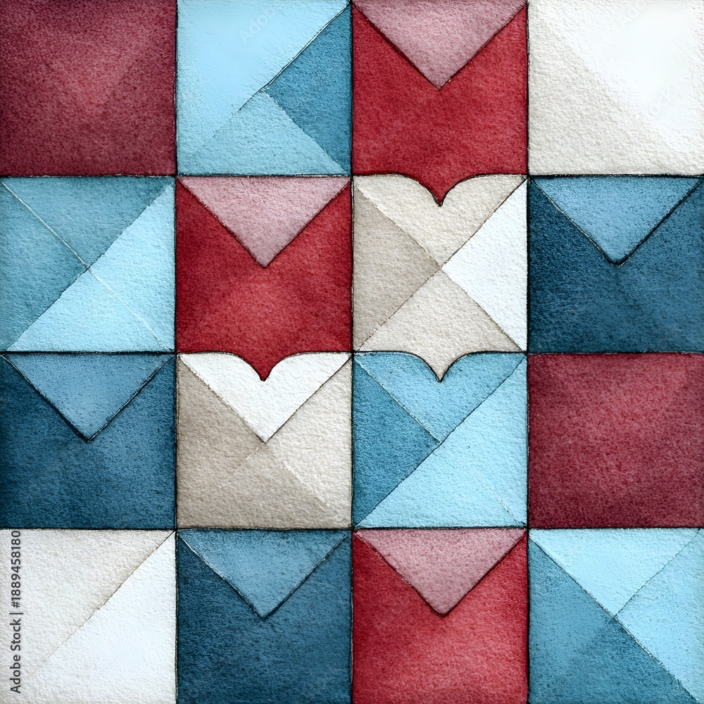 Fototapeta premium Watercolor geometric pattern displaying square and triangular shapes in shades of red, blue, and white creating abstract design texture.