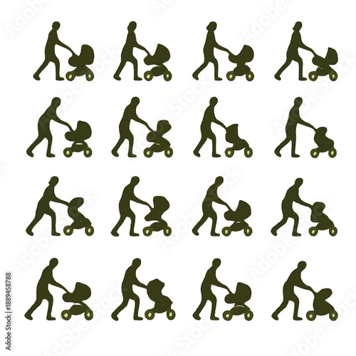 A repeating pattern of dark green silhouettes depicting parents with baby strollers