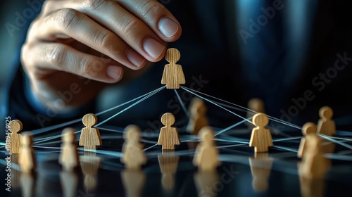 Careful hand placing a wooden figure over a connected network of wooden people tokens linked by strings on a reflective surface, evoking leadership and responsibility