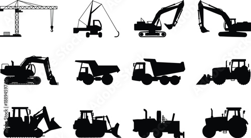 Construction machinery silhouettes collection, heavy equipment vehicles, crane excavator loader dump truck icons isolated on white background