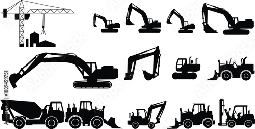 Construction machinery silhouettes collection with crane excavator bulldozer dump truck forklift heavy equipment isolated on white background