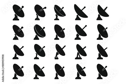 A collection of black satellite dish icons arranged in a grid pattern on white