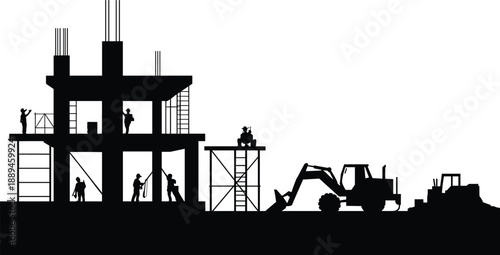 Construction site silhouette showing workers, scaffolding, unfinished building, excavator machinery, industrial development process, civil engineering infrastructure illustration
