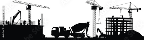 Construction site silhouette with cranes, concrete mixer truck, workers and excavators, urban building development, industrial architecture, infrastructure progress illustration