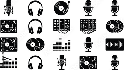 Title: Music production and podcast icon set featuring microphones headphones vinyl records and sound wave equalizers for audio recording studio vector.