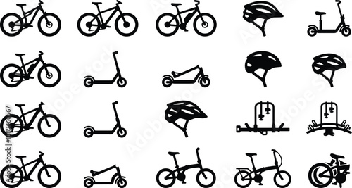 Set of black bicycle and electric scooter icons including safety helmets, bike racks, folding bikes, and urban personal transportation equipment symbols.