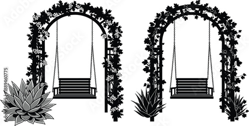 Decorative Garden Swing Silhouette under Floral Archway with Climbing Roses, Backyard Patio Furniture Set with Succulent Plants for Landscape Design