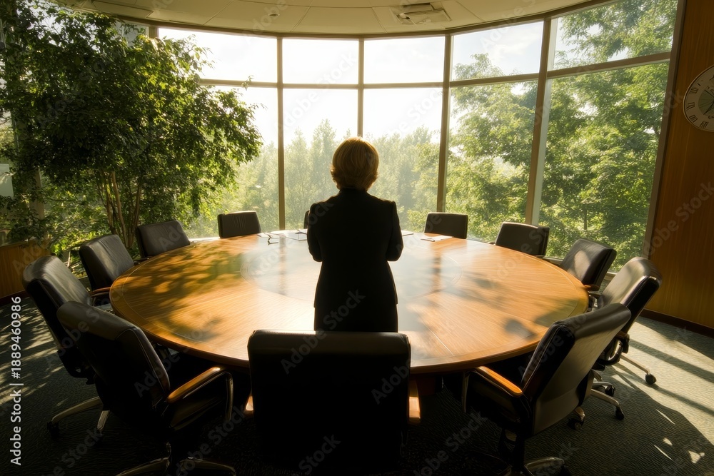 Fototapeta premium Businesswoman standing in conference room looking out the window at the trees outside the office