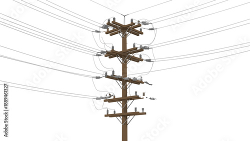 Detailed Illustration of a Multi-Tiered Utility Pole with Electrical Power Lines, High Voltage Insulators, and Crossarms Isolated on White Background
