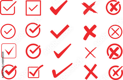 A collection of red checkmark and cross icons in various styles symbolizing approval and rejection Vector