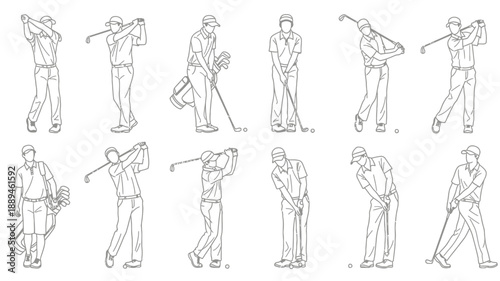 Line art illustration showing various poses and stages of golfers playing golf.
