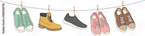 Diverse footwear collection hanging on clothesline, colorful sneakers, boots, and casual shoes set for fashion design and retail marketing illustration.