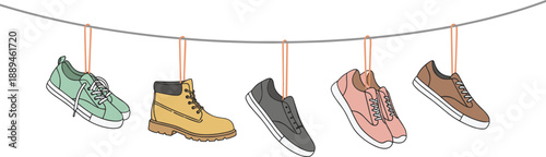 Diverse footwear collection set featuring sneakers, boots, sandals, and high heels, colorful casual and formal shoe illustrations for fashion design.
