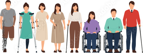 Diverse Group of Disabled People with Wheelchairs Crutches Prosthetic Leg and Blind Walking Canes Isolated on White Background for Disability Inclusion and Accessibility Concept