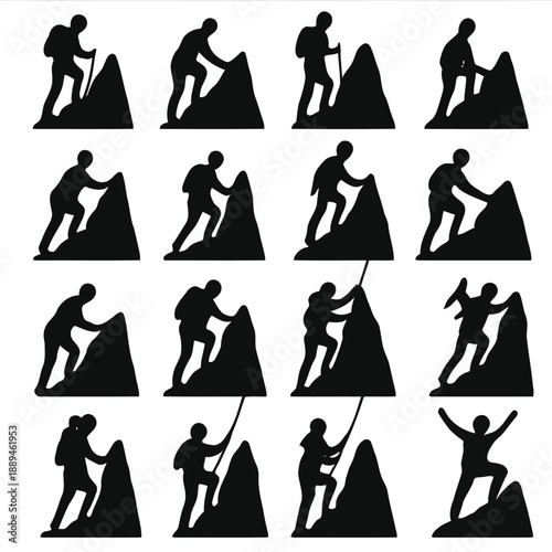 Silhouettes of people climbing mountains representing challenge perseverance and achievement high quality professional