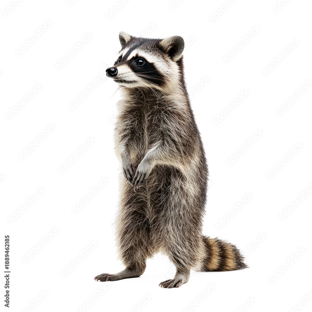 Fototapeta premium Raccoon standing Stands upright on its hind legs to get a better view. full length isolate on transparent background