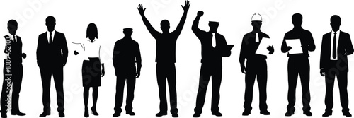 Diverse group of professional worker silhouettes including businessmen and woman celebrating success with a cheering leader for career growth and teamwork