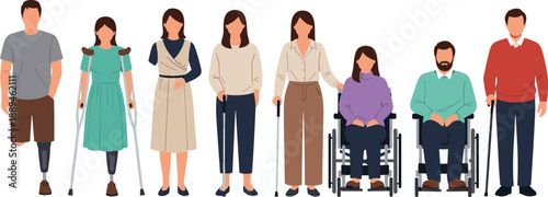 Diverse Group of People with Physical Disabilities Using Wheelchairs Crutches Prosthetic Leg and Walking Canes Isolated on White Background for Inclusion and Accessibility Concept