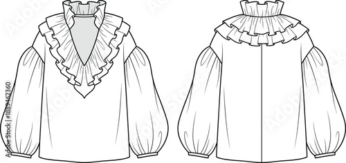 Women ruffled blouse fashion technical flat sketch front and back view elegant long sleeve vintage inspired apparel illustration design