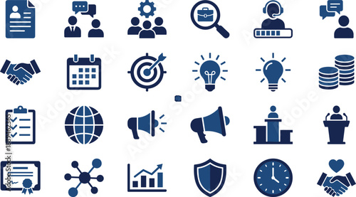 Title: Comprehensive Blue Business Management Icons Set Featuring HR Strategy Finance Teamwork and Corporate Development Symbols for Professional Presentations