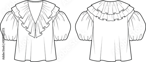 Women ruffled v neck blouse, fashion technical flat sketch, front and back view, short puff sleeve apparel illustration, vector design