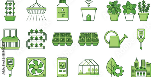 Title: Modern Green Hydroponic and Urban Farming Icon Set Featuring Smart Agriculture Greenhouse and Indoor Gardening Technology Symbols