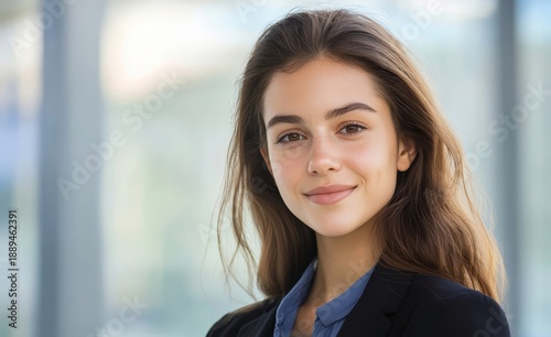 Portrait of a young professional woman with a name tag and a friendly smile posing indoors Free Download Portrait of a young professional woman with a name tag and a friendly smile posing indoors - GFXLoad
