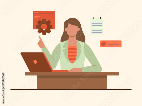 A businesswoman works at a desk with a laptop focusing on work, managing tasks or emails. Solopreneur illustration. Flat vector concept.