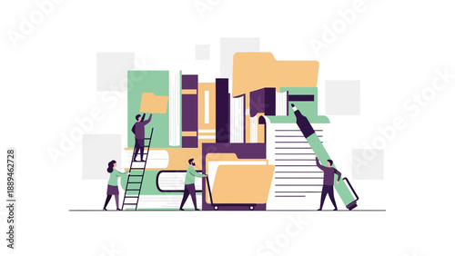 Group of professional tiny people collaborating to organize giant books and folders for document management and archive concept