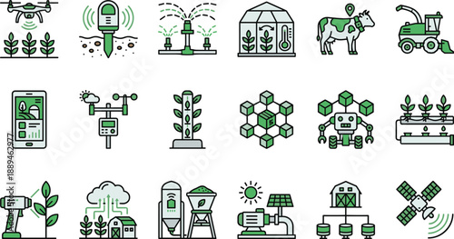 Smart farming and agriculture technology icons set vector illustration of drone sensor robot and automation symbols for modern agribusiness design